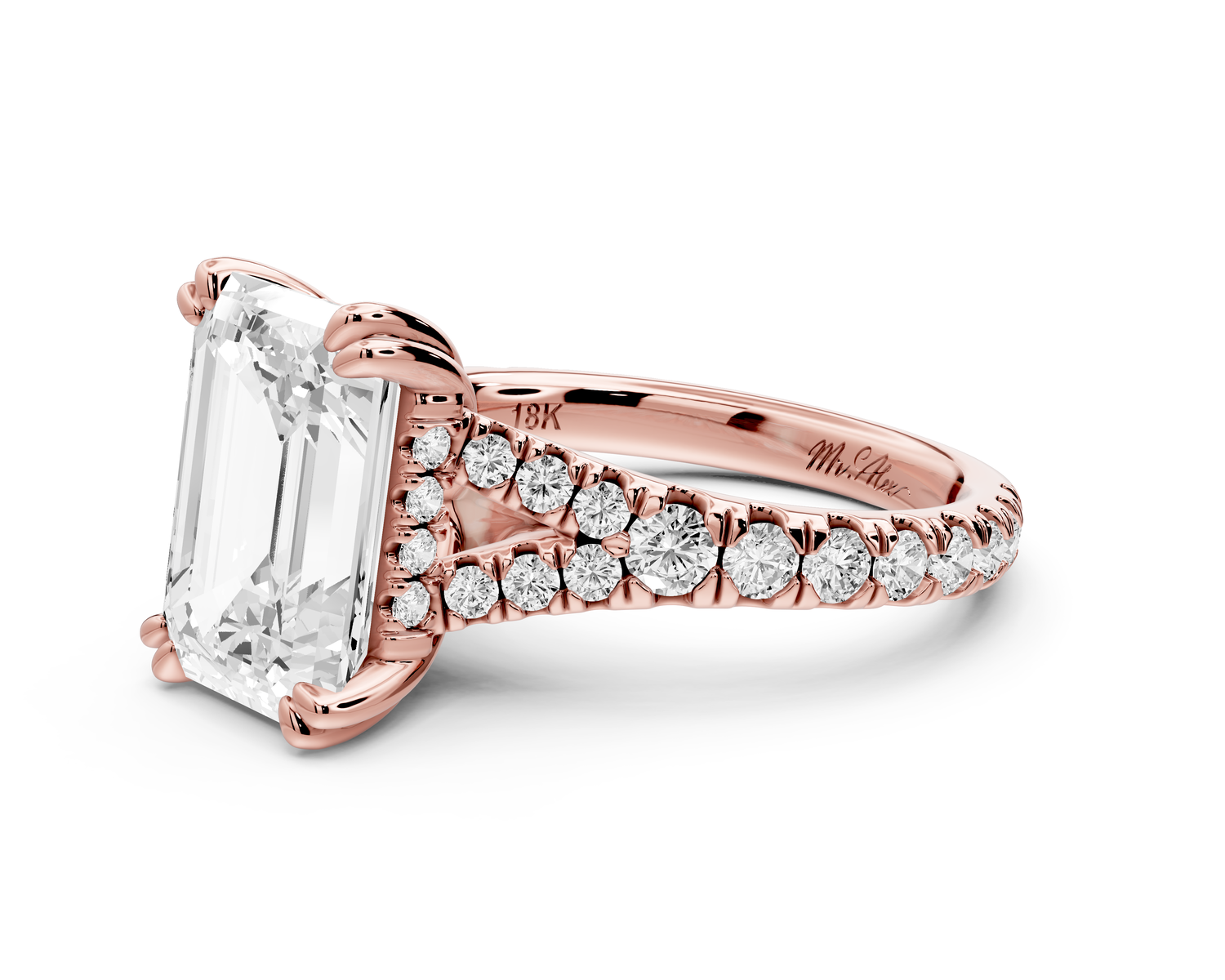 Rosalie - 4ct 14k rose gold emerald Pavé Cathedral Hidden Halo with Diamond Bridge split shank Engagement Ring