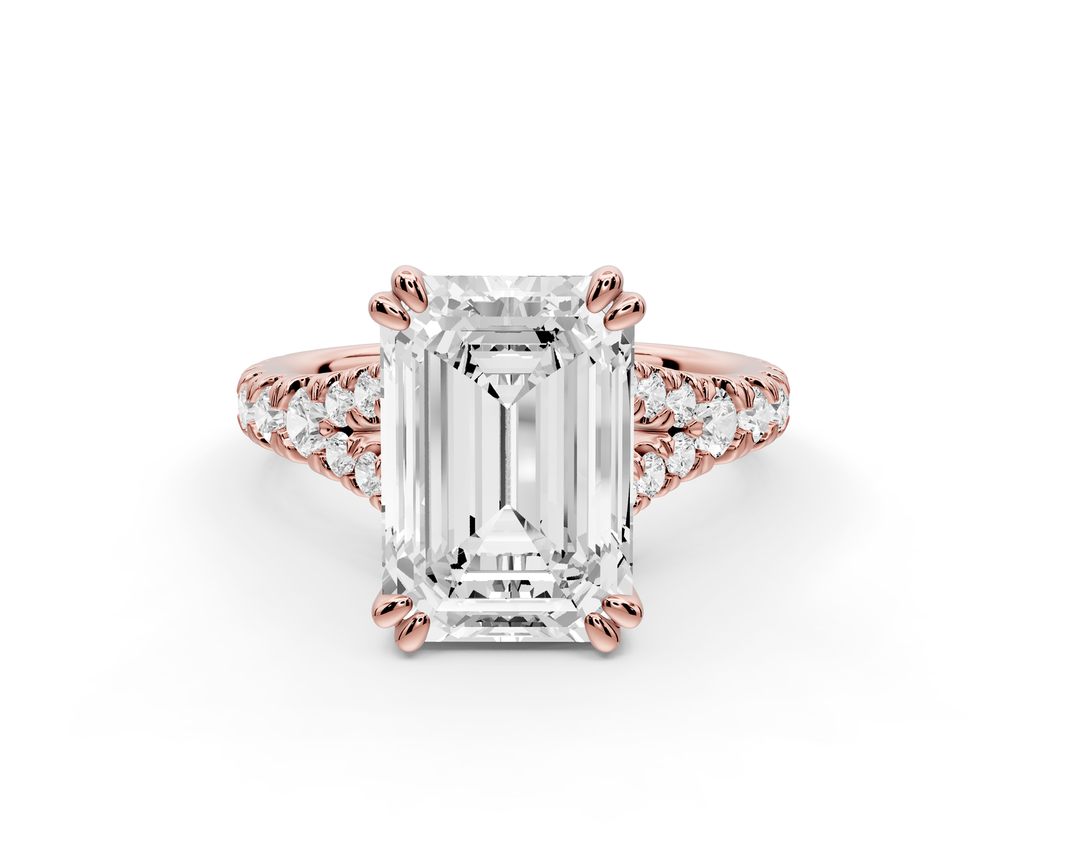 Rosalie - 4ct 14k rose gold emerald Pavé Cathedral Hidden Halo with Diamond Bridge split shank Engagement Ring