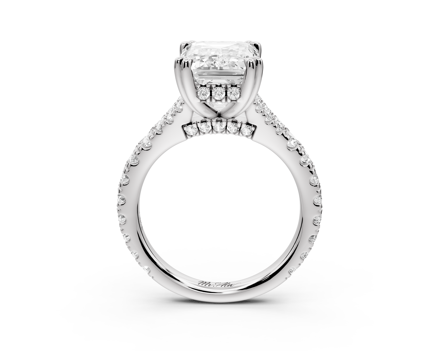 Rosalie - 4ct 14k white gold emerald Pavé Cathedral Hidden Halo with Diamond Bridge split shank Engagement Ring