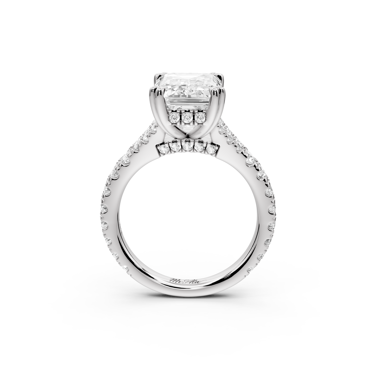 Rosalie - 4ct 14k white gold emerald Pavé Cathedral Hidden Halo with Diamond Bridge split shank Engagement Ring