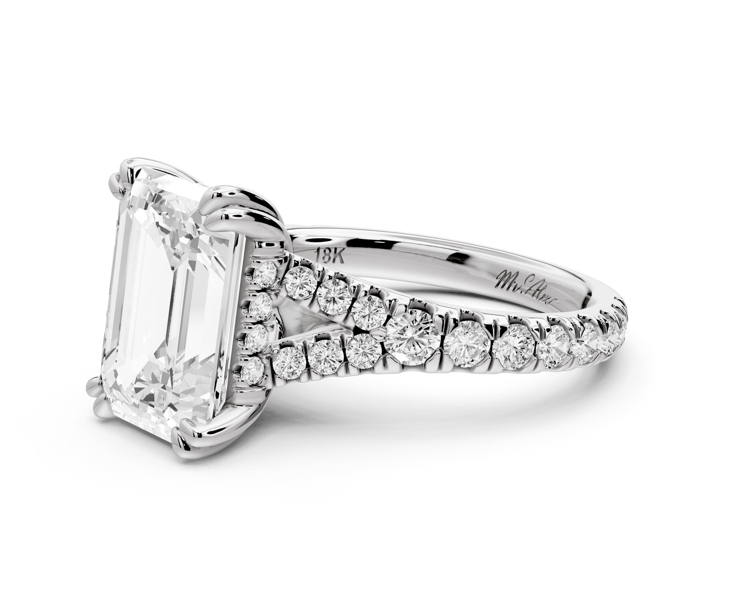 Rosalie - 4ct 14k white gold emerald Pavé Cathedral Hidden Halo with Diamond Bridge split shank Engagement Ring