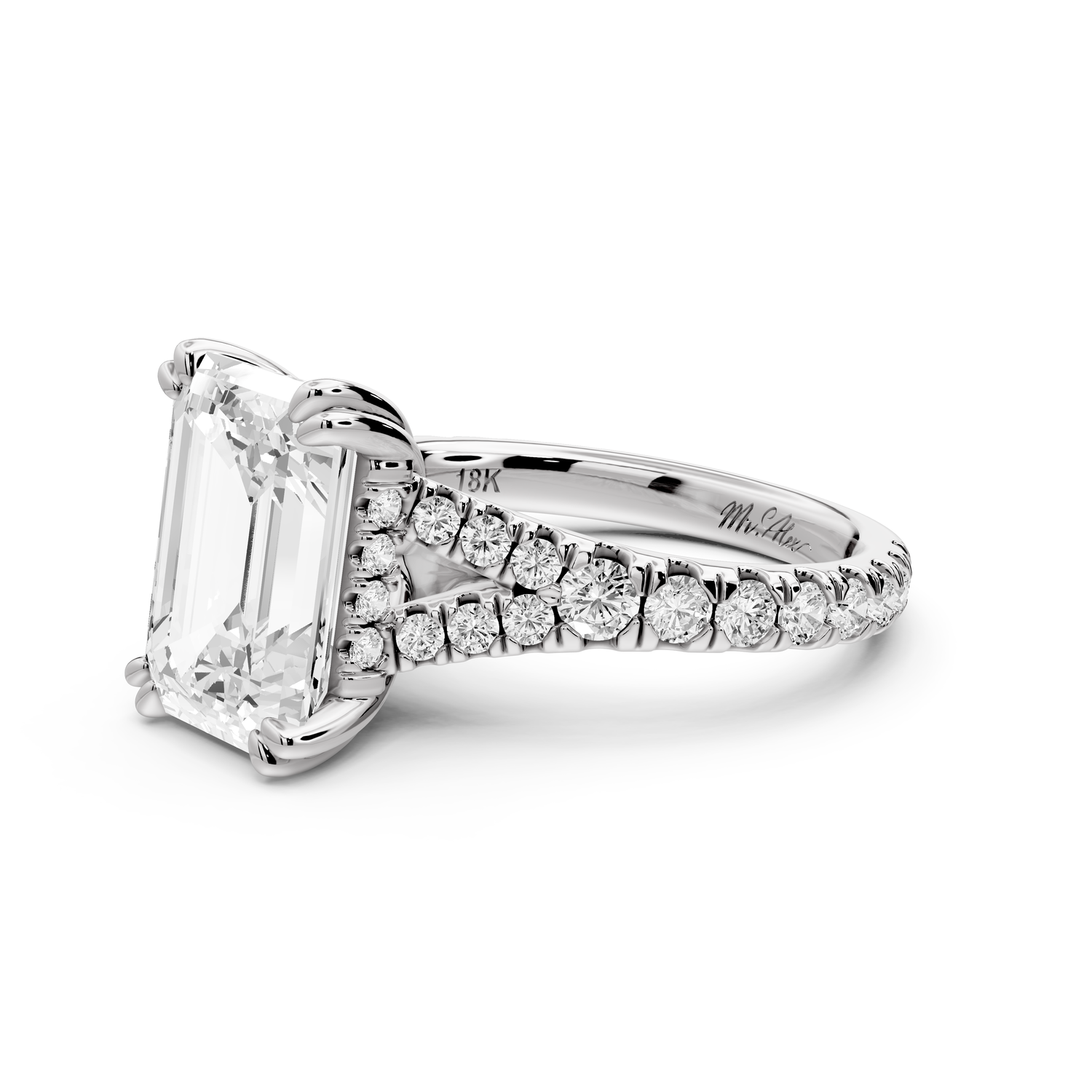 Rosalie - 4ct 14k white gold emerald Pavé Cathedral Hidden Halo with Diamond Bridge split shank Engagement Ring