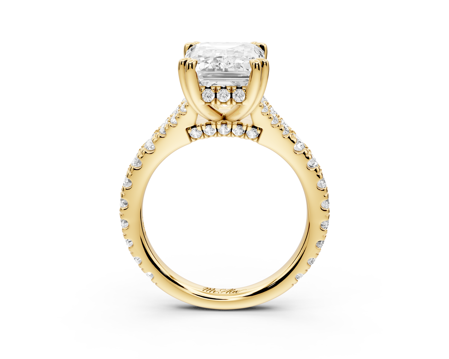 Rosalie - 4ct 14k yellow gold emerald Pavé Cathedral Hidden Halo with Diamond Bridge split shank Engagement Ring