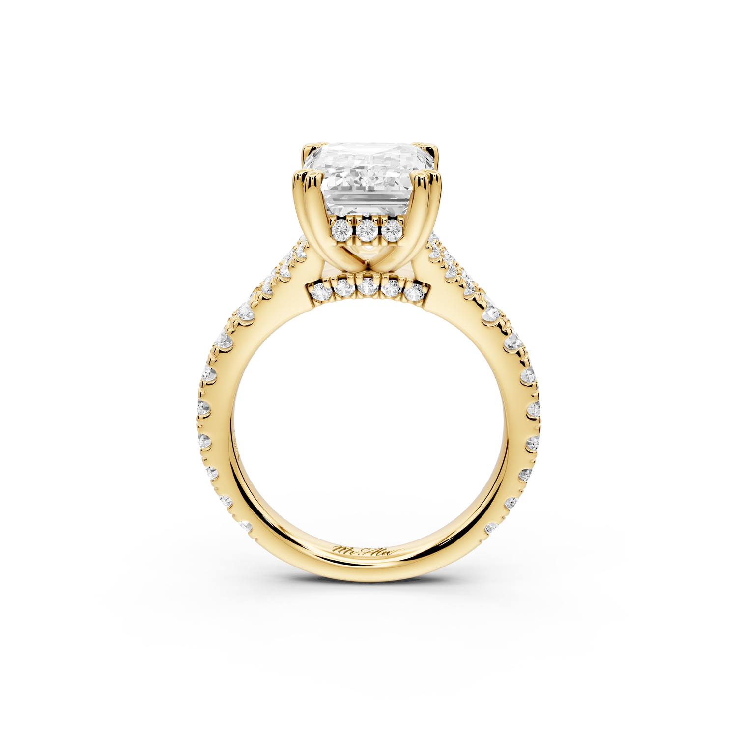 Rosalie - 4ct 14k yellow gold emerald Pavé Cathedral Hidden Halo with Diamond Bridge split shank Engagement Ring