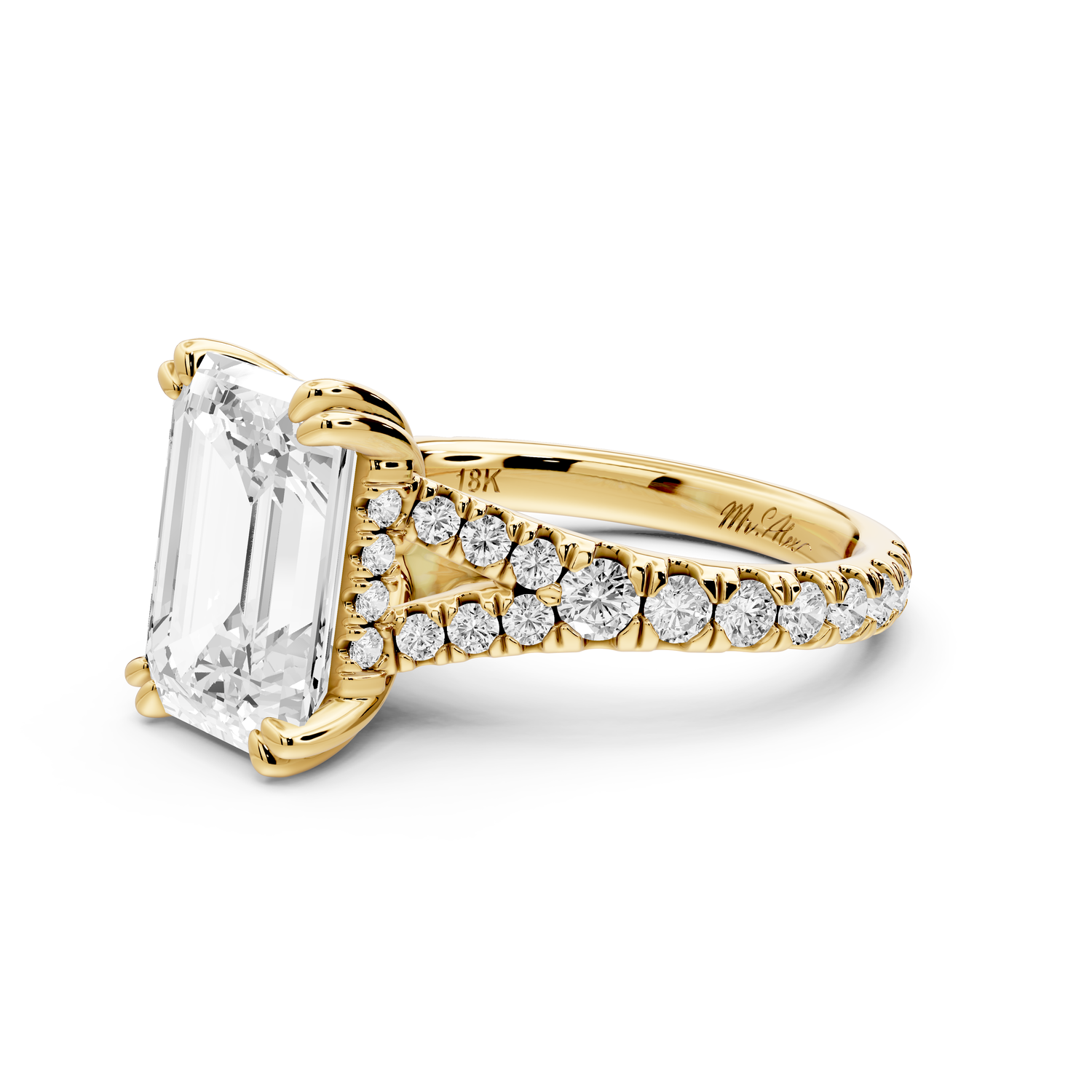 Rosalie - 4ct 14k yellow gold emerald Pavé Cathedral Hidden Halo with Diamond Bridge split shank Engagement Ring