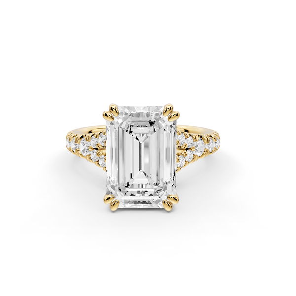 Rosalie - 4ct 14k yellow gold emerald Pavé Cathedral Hidden Halo with Diamond Bridge split shank Engagement Ring
