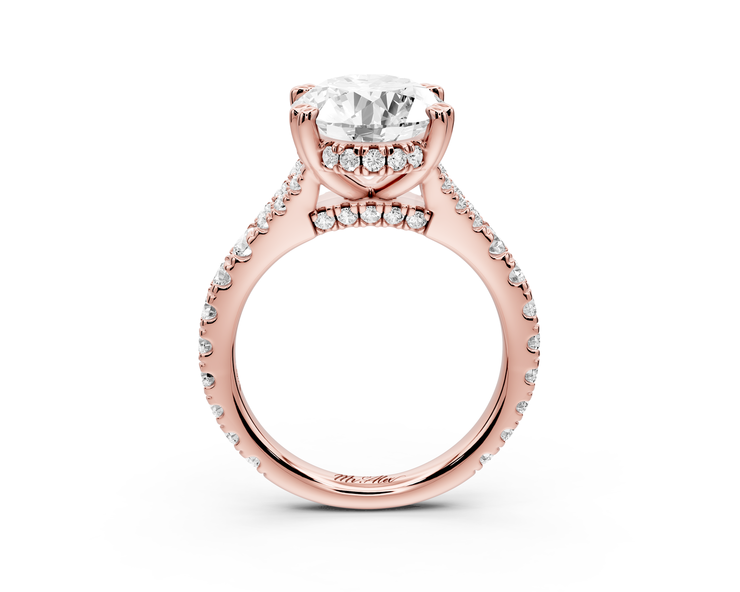 Rosalie - 4ct 14k rose gold oval Pavé Cathedral Hidden Halo with Diamond Bridge split shank Engagement Ring