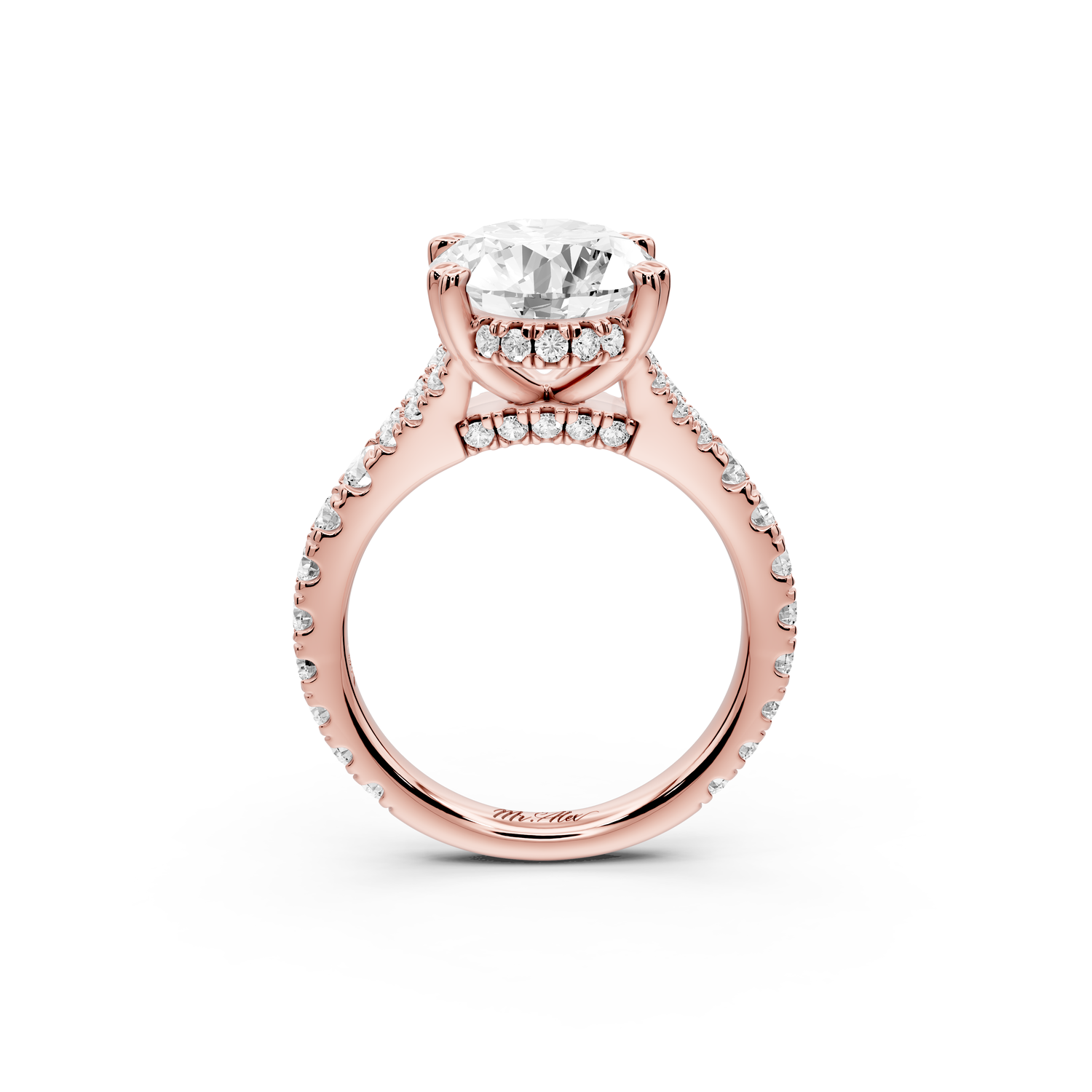 Rosalie - 4ct 14k rose gold oval Pavé Cathedral Hidden Halo with Diamond Bridge split shank Engagement Ring