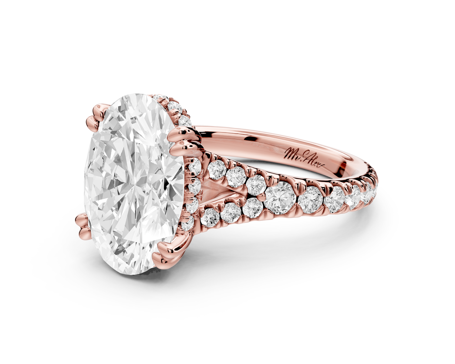 Rosalie - 4ct 14k rose gold oval Pavé Cathedral Hidden Halo with Diamond Bridge split shank Engagement Ring