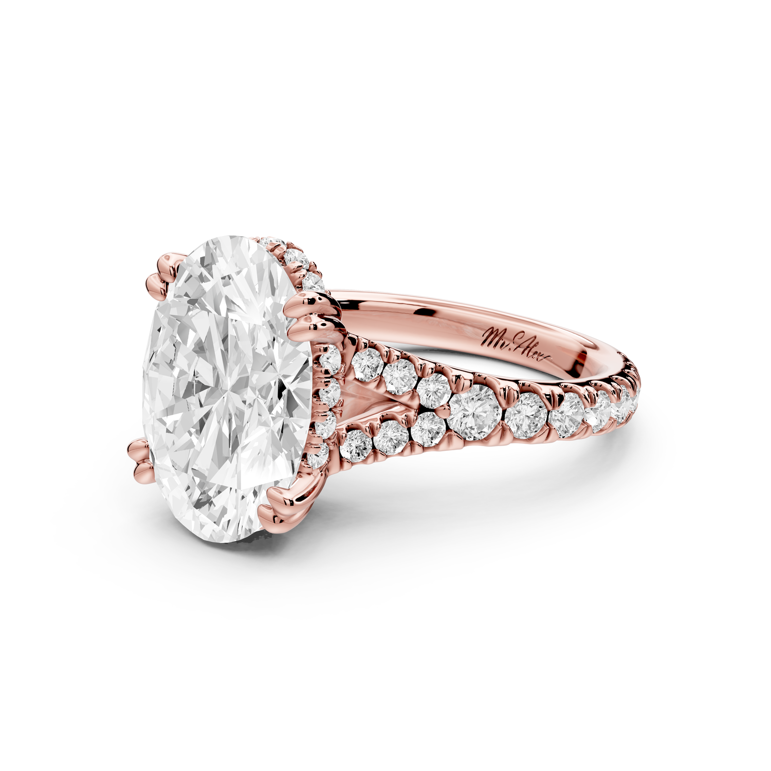 Rosalie - 4ct 14k rose gold oval Pavé Cathedral Hidden Halo with Diamond Bridge split shank Engagement Ring