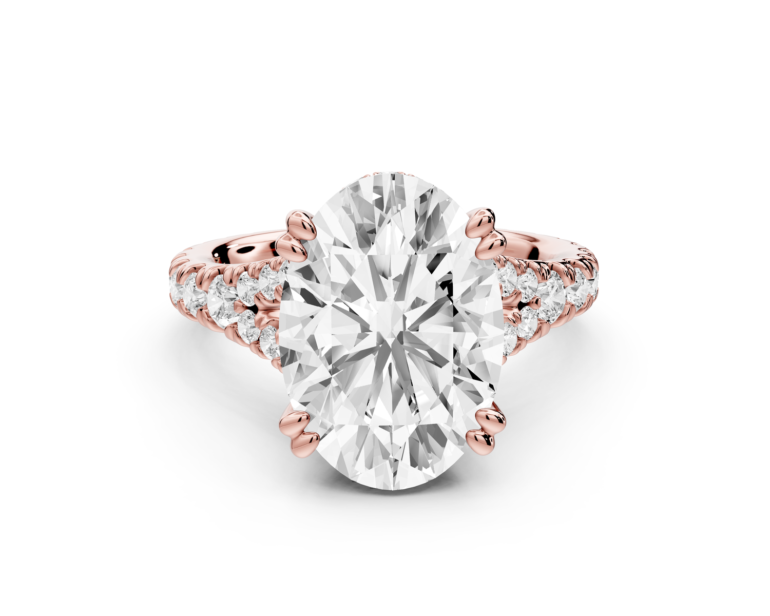Rosalie - 4ct 14k rose gold oval Pavé Cathedral Hidden Halo with Diamond Bridge split shank Engagement Ring