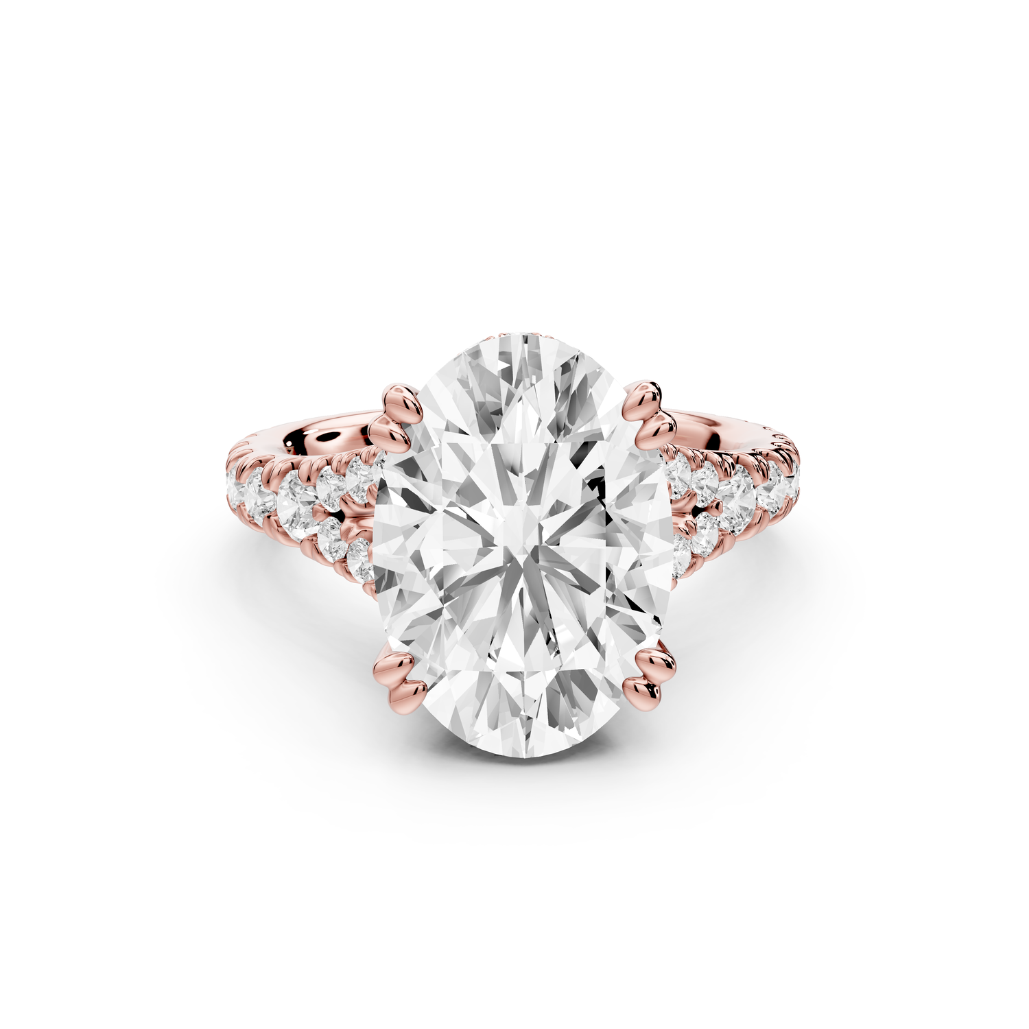 Rosalie - 4ct 14k rose gold oval Pavé Cathedral Hidden Halo with Diamond Bridge split shank Engagement Ring