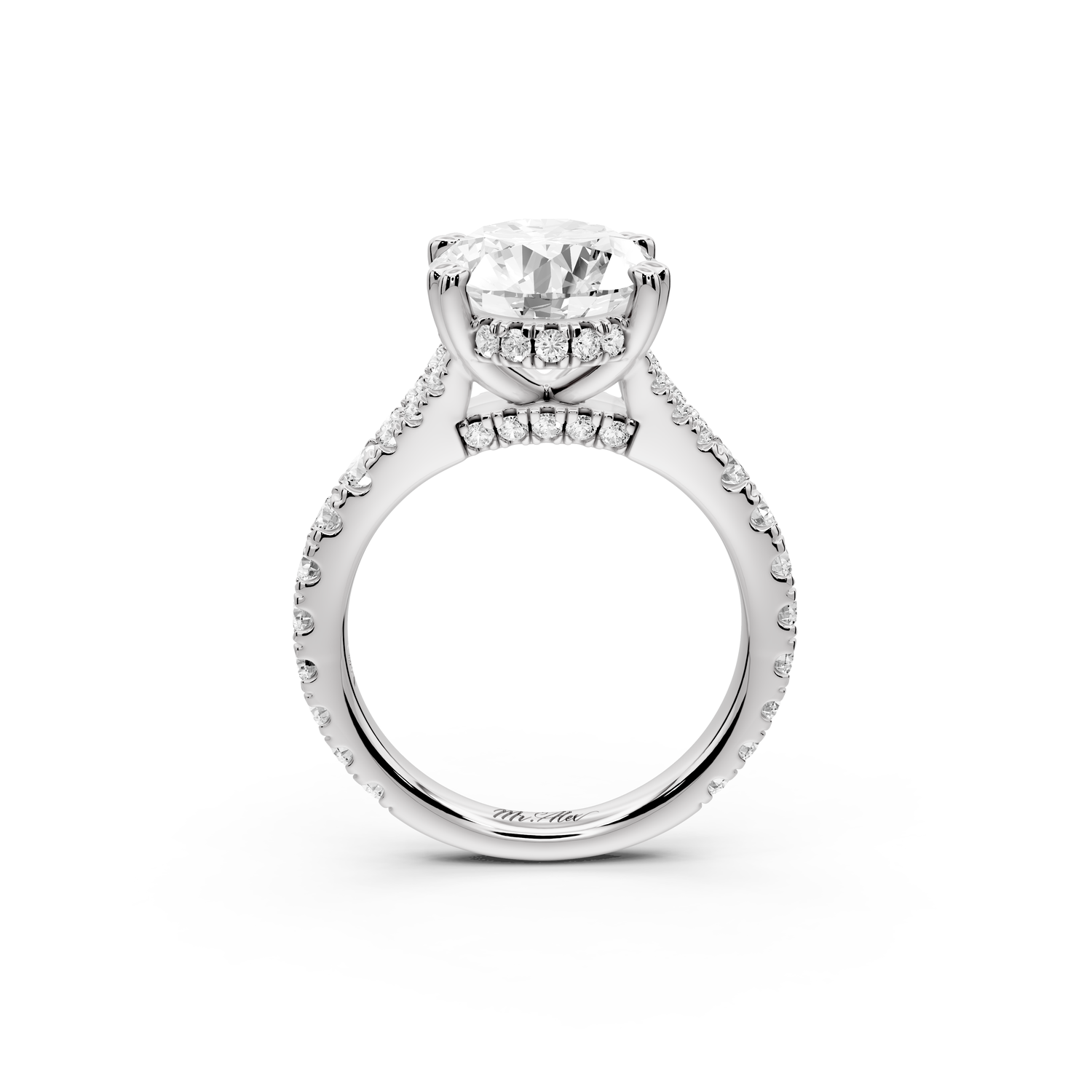 Rosalie - 4ct 14k white gold oval Pavé Cathedral Hidden Halo with Diamond Bridge split shank Engagement Ring