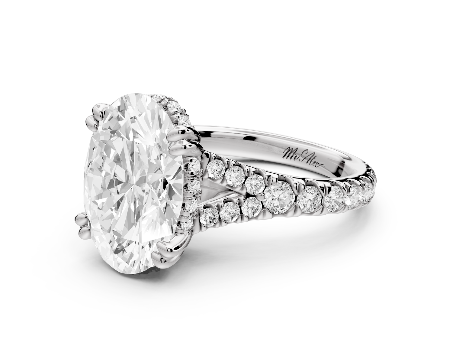Rosalie - 4ct 14k white gold oval Pavé Cathedral Hidden Halo with Diamond Bridge split shank Engagement Ring