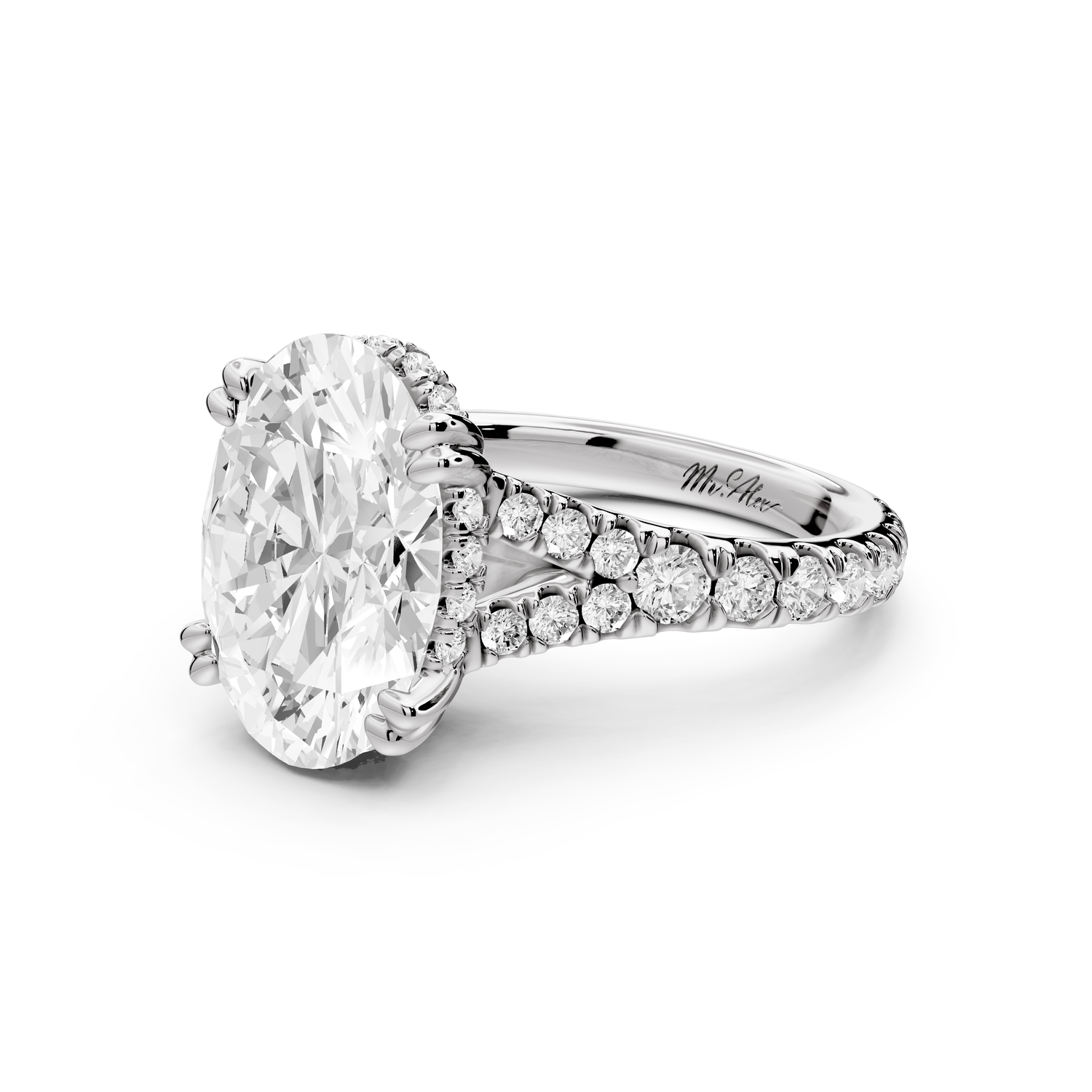 Rosalie - 4ct 14k white gold oval Pavé Cathedral Hidden Halo with Diamond Bridge split shank Engagement Ring