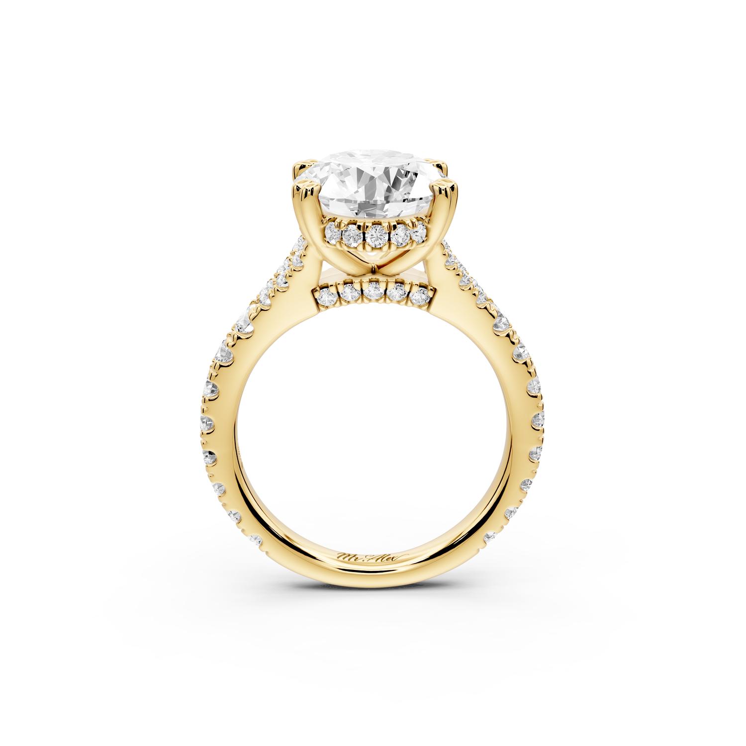 Rosalie - 4ct 14k yellow gold oval Pavé Cathedral Hidden Halo with Diamond Bridge split shank Engagement Ring