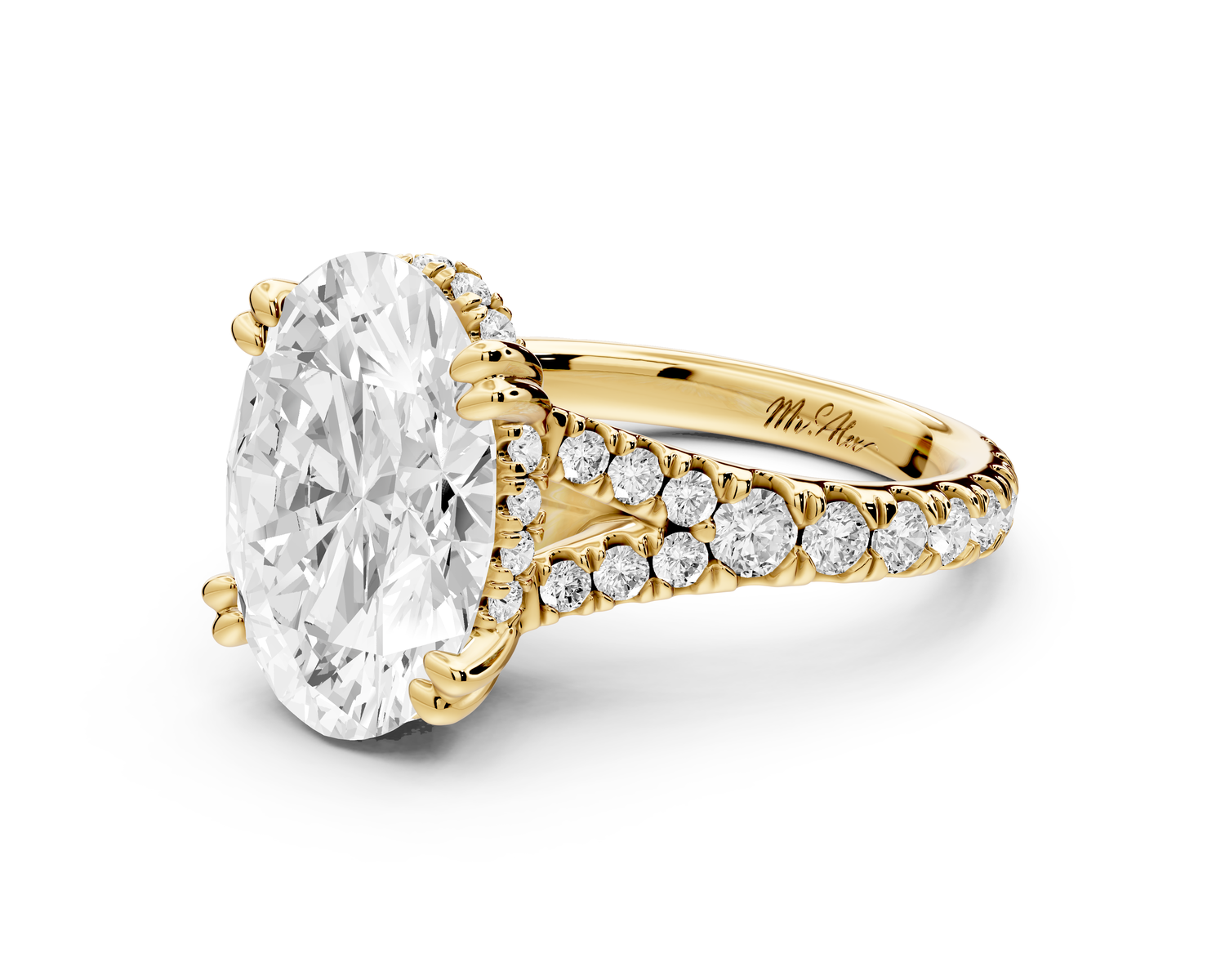 Rosalie - 4ct 14k yellow gold oval Pavé Cathedral Hidden Halo with Diamond Bridge split shank Engagement Ring
