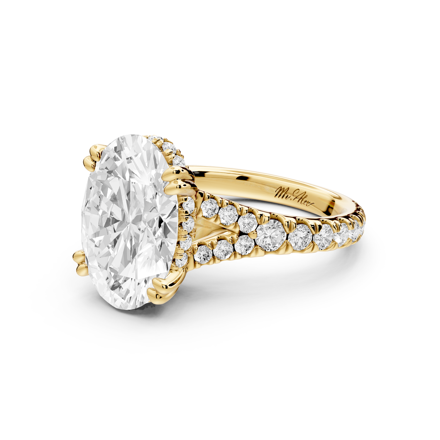Rosalie - 4ct 14k yellow gold oval Pavé Cathedral Hidden Halo with Diamond Bridge split shank Engagement Ring
