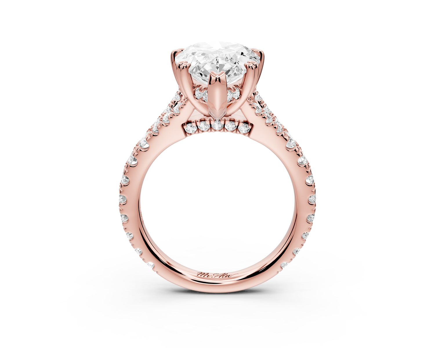 Rosalie - 4ct 14k rose gold pear Pavé Cathedral Hidden Halo with Diamond Bridge split shank Engagement Ring
