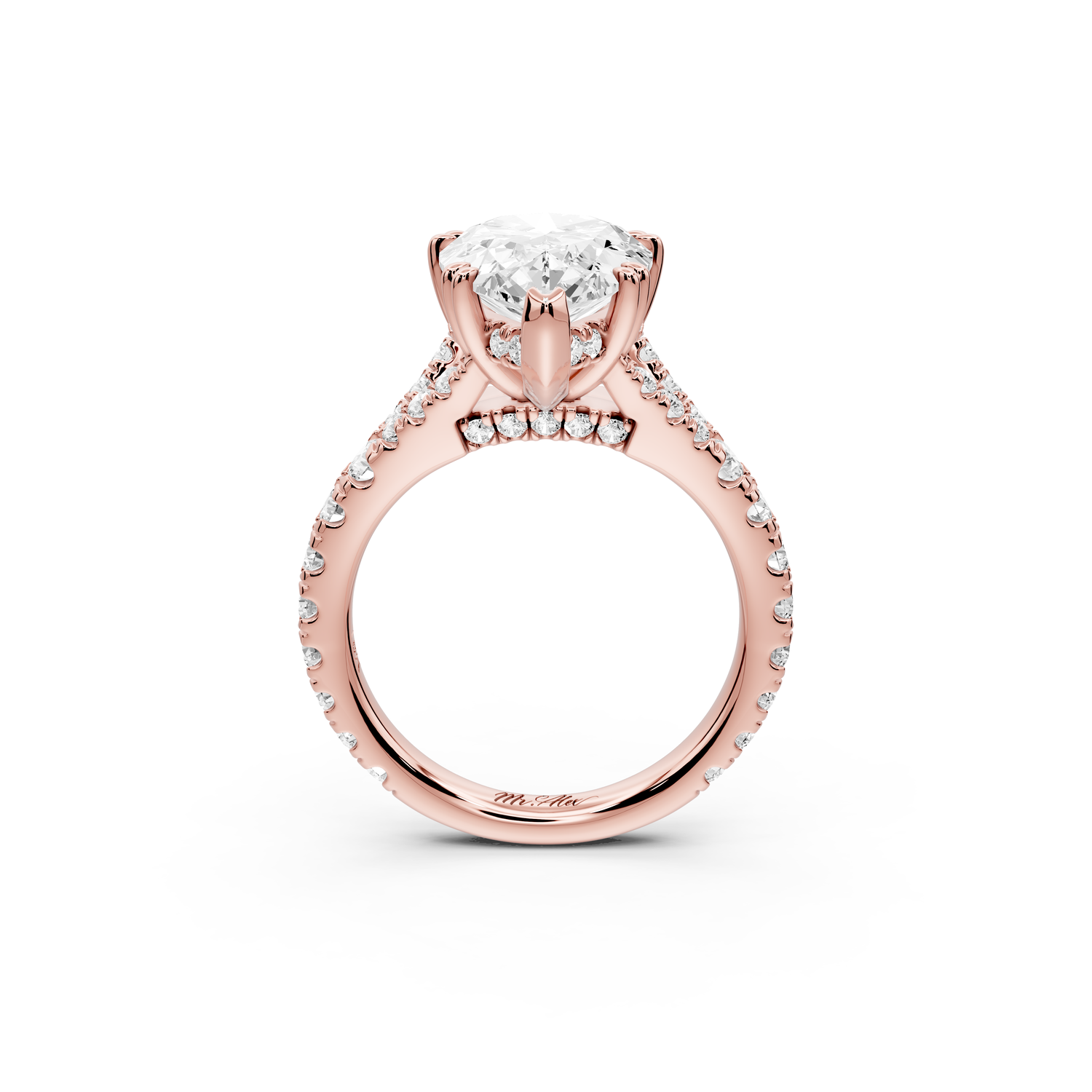 Rosalie - 4ct 14k rose gold pear Pavé Cathedral Hidden Halo with Diamond Bridge split shank Engagement Ring