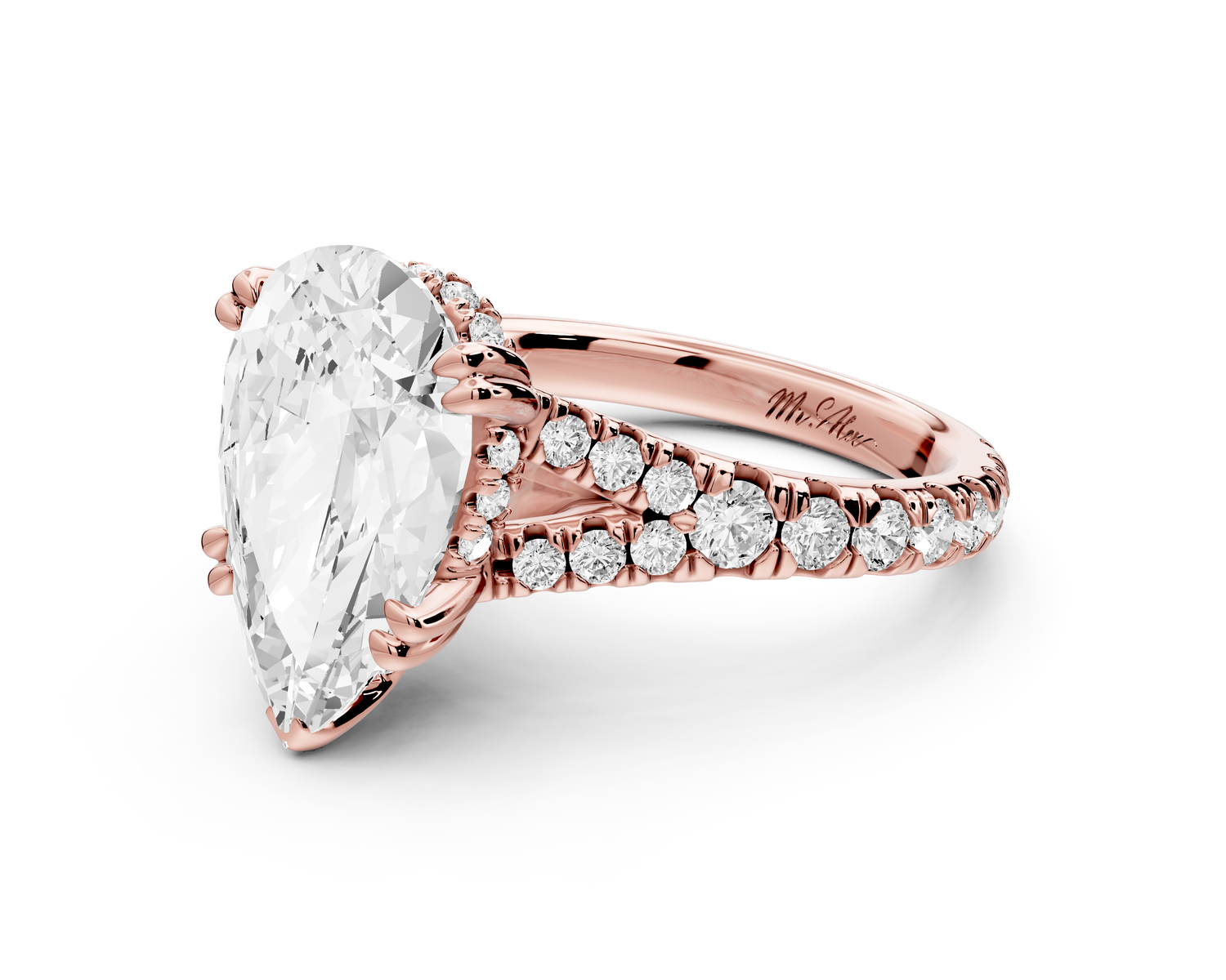 Rosalie - 4ct 14k rose gold pear Pavé Cathedral Hidden Halo with Diamond Bridge split shank Engagement Ring