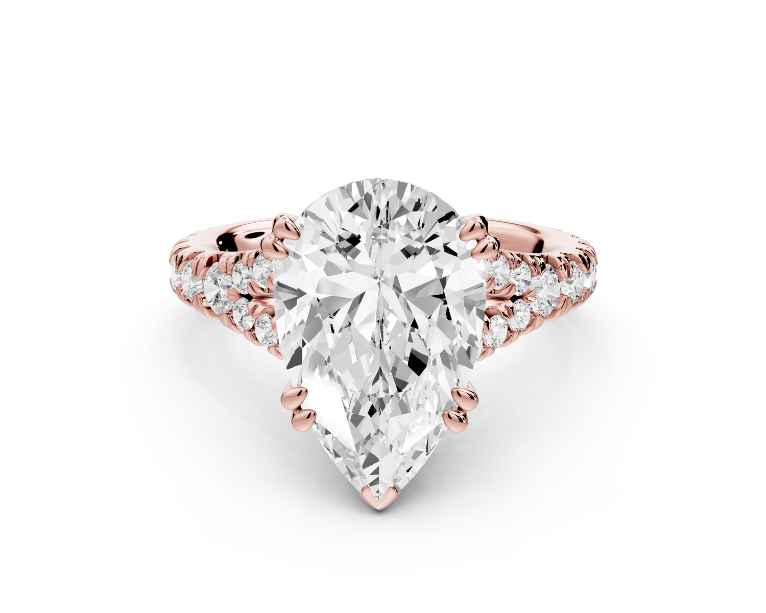 Rosalie - 4ct 14k rose gold pear Pavé Cathedral Hidden Halo with Diamond Bridge split shank Engagement Ring