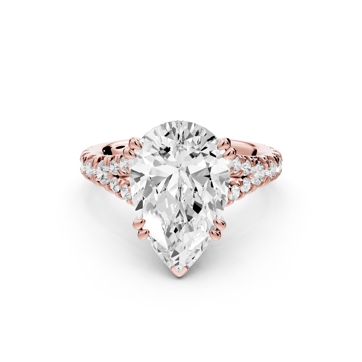 Rosalie - 4ct 14k rose gold pear Pavé Cathedral Hidden Halo with Diamond Bridge split shank Engagement Ring