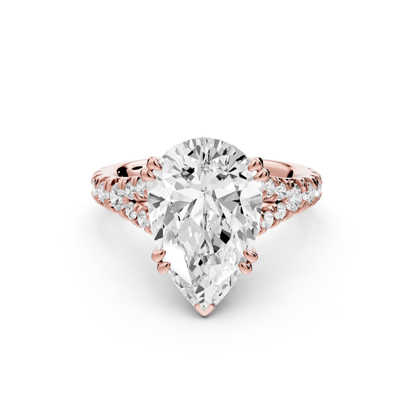 Rosalie - 4ct 14k rose gold pear Pavé Cathedral Hidden Halo with Diamond Bridge split shank Engagement Ring