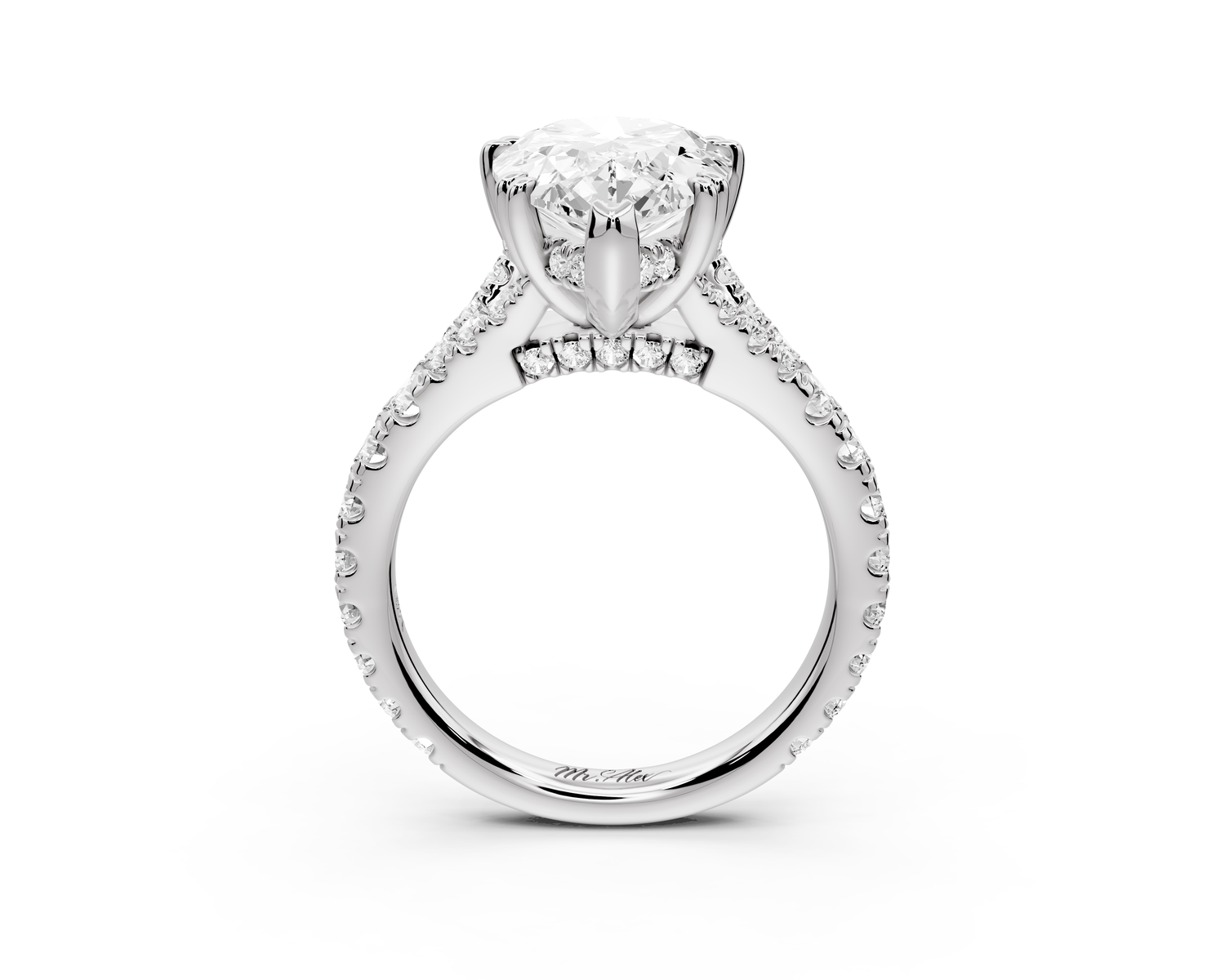 Rosalie - 4ct 14k white gold pear Pavé Cathedral Hidden Halo with Diamond Bridge split shank Engagement Ring