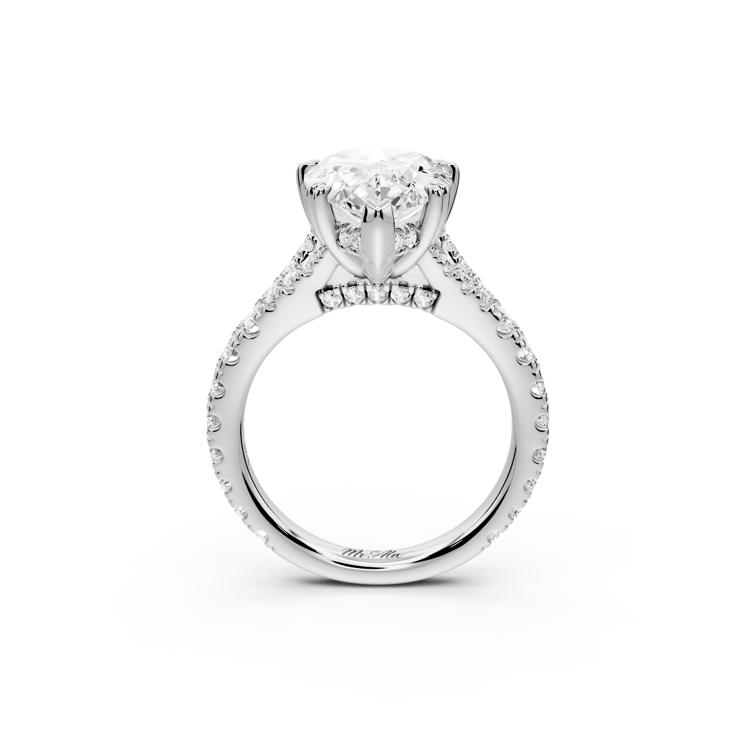 Rosalie - 4ct 14k white gold pear Pavé Cathedral Hidden Halo with Diamond Bridge split shank Engagement Ring