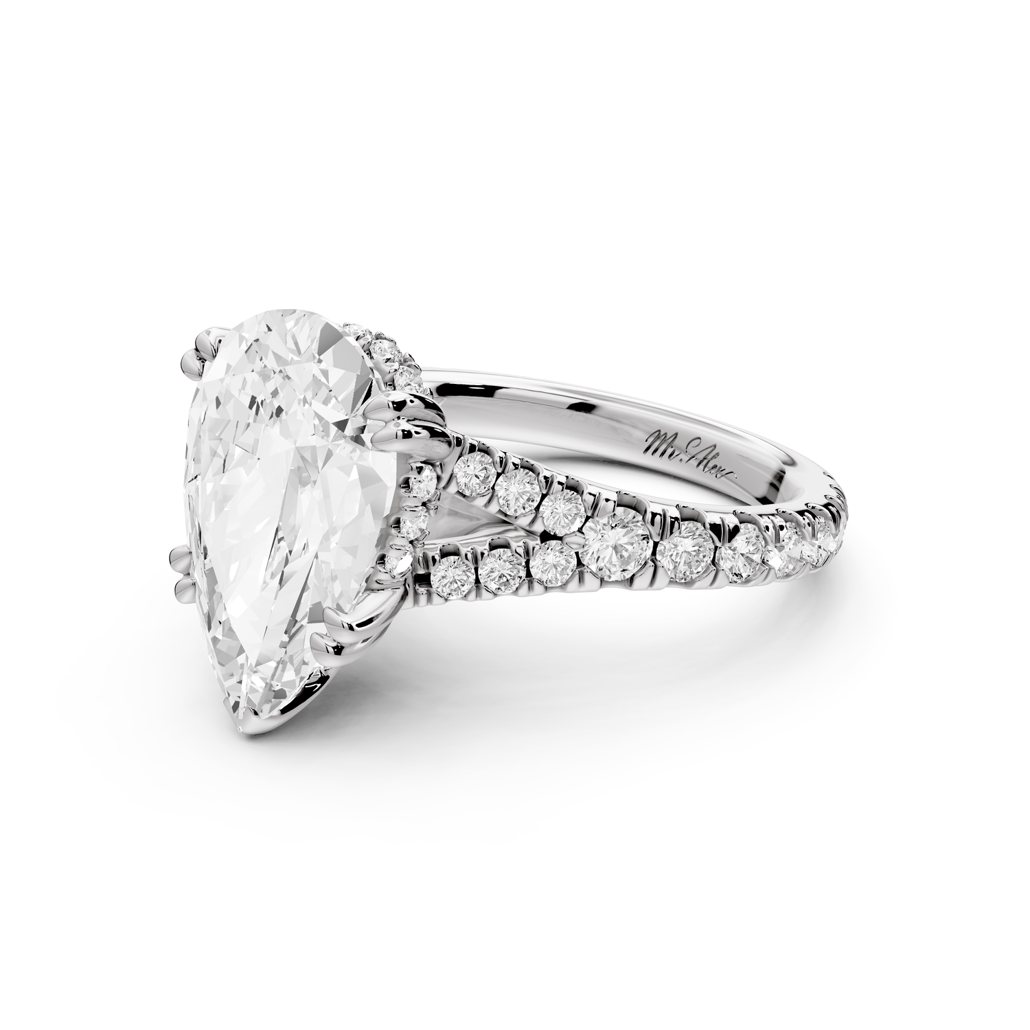 Rosalie - 4ct 14k white gold pear Pavé Cathedral Hidden Halo with Diamond Bridge split shank Engagement Ring