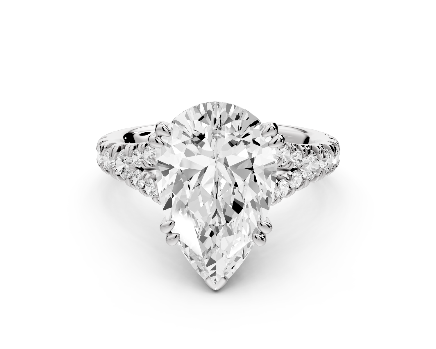 Rosalie - 4ct 14k white gold pear Pavé Cathedral Hidden Halo with Diamond Bridge split shank Engagement Ring