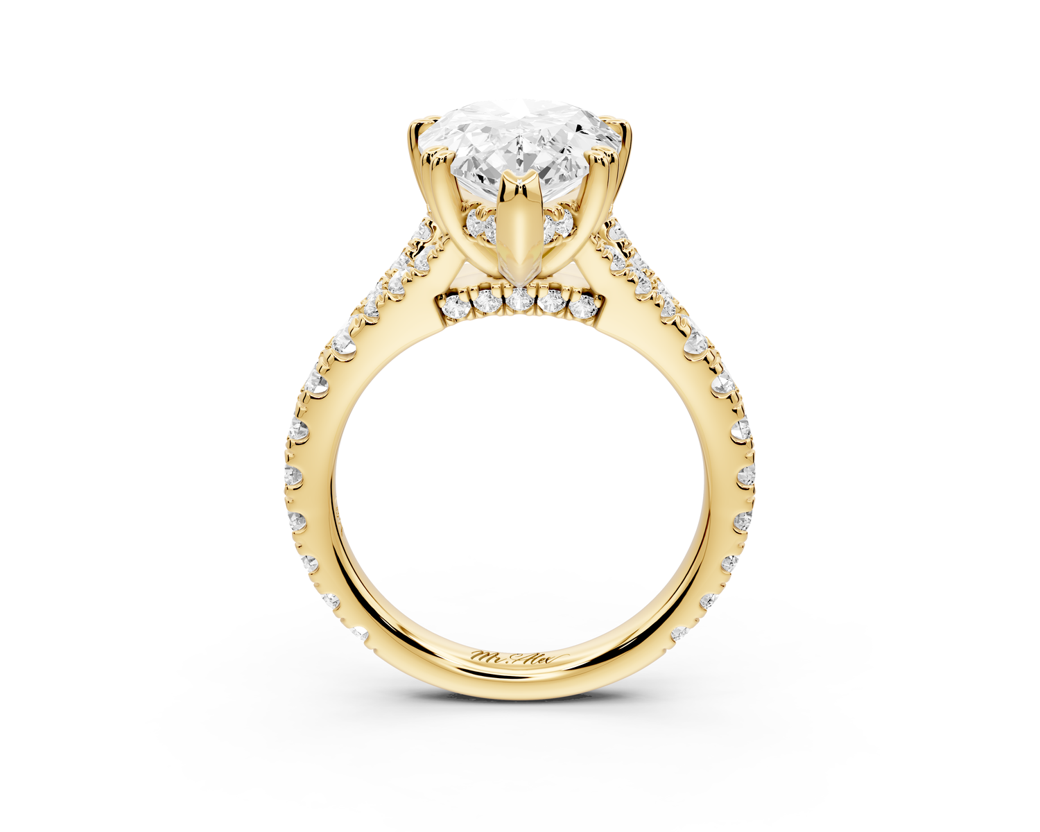 Rosalie - 4ct 14k yellow gold pear Pavé Cathedral Hidden Halo with Diamond Bridge split shank Engagement Ring