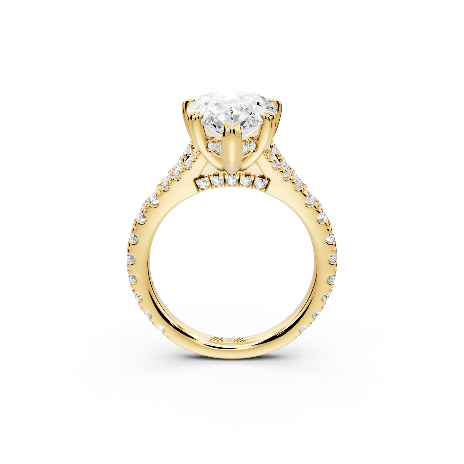 Rosalie - 4ct 14k yellow gold pear Pavé Cathedral Hidden Halo with Diamond Bridge split shank Engagement Ring