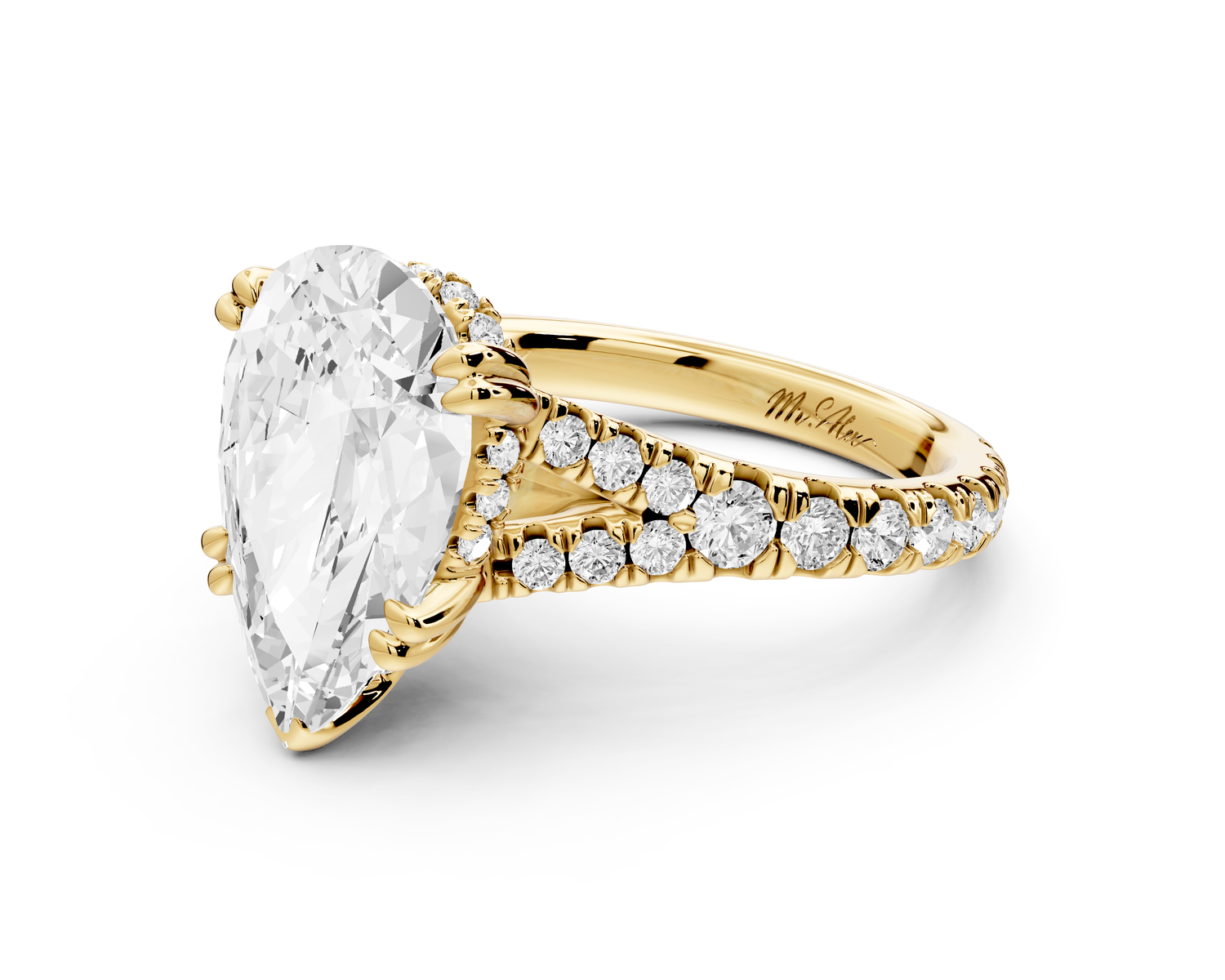 Rosalie - 4ct 14k yellow gold pear Pavé Cathedral Hidden Halo with Diamond Bridge split shank Engagement Ring