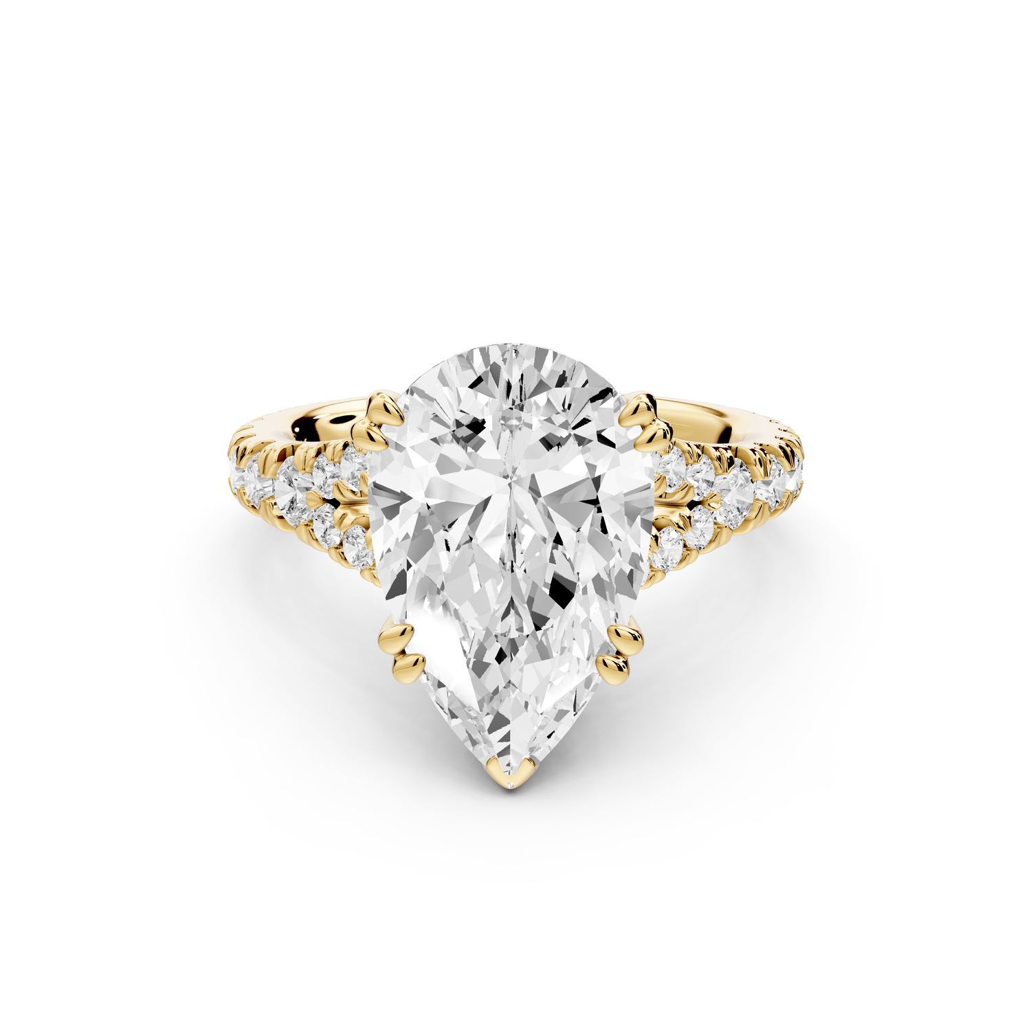 Rosalie - 4ct 14k yellow gold pear Pavé Cathedral Hidden Halo with Diamond Bridge split shank Engagement Ring