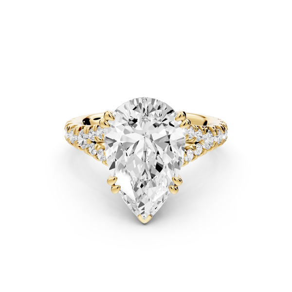 Rosalie - 4ct 14k yellow gold pear Pavé Cathedral Hidden Halo with Diamond Bridge split shank Engagement Ring