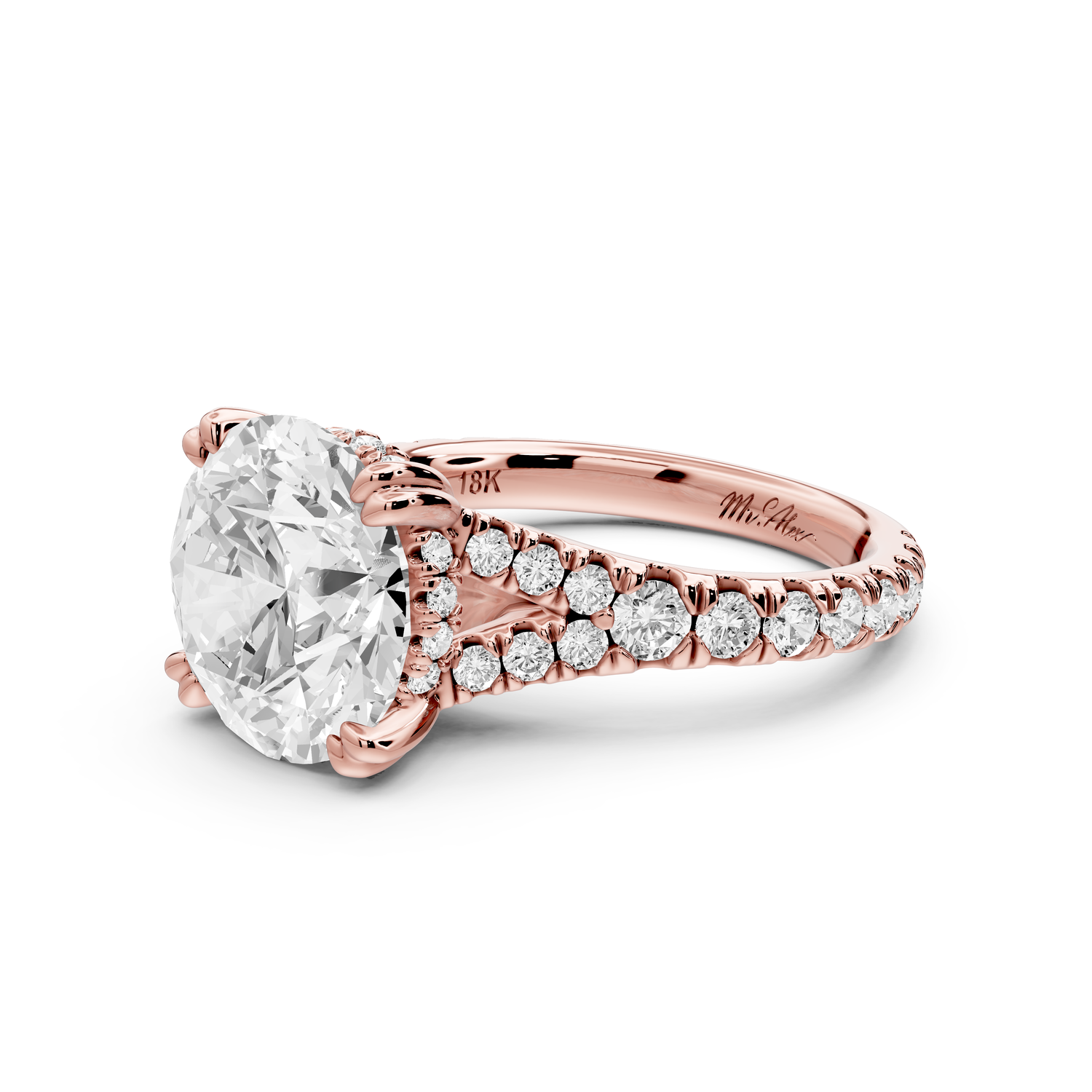 Rosalie - 4ct 14k rose gold round Pavé Cathedral Hidden Halo with Diamond Bridge split shank Engagement Ring