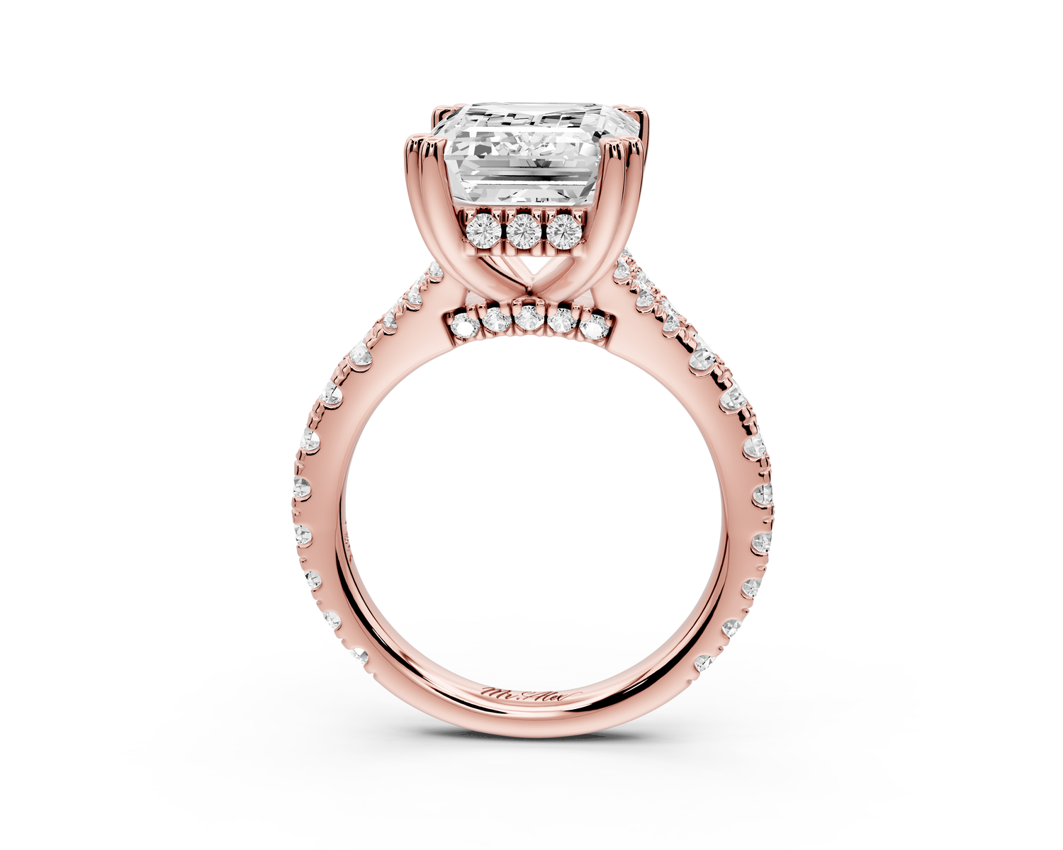 Rosalie - 5ct 14k rose gold emerald Pavé Cathedral Hidden Halo with Diamond Bridge split shank Engagement Ring