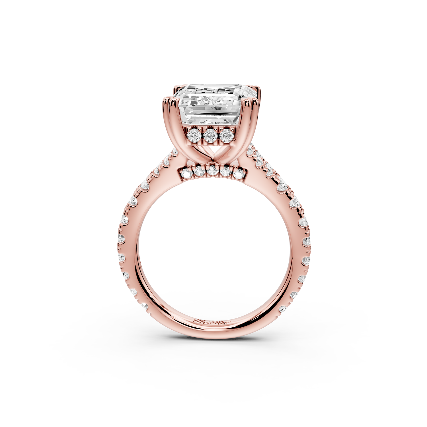 Rosalie - 5ct 14k rose gold emerald Pavé Cathedral Hidden Halo with Diamond Bridge split shank Engagement Ring