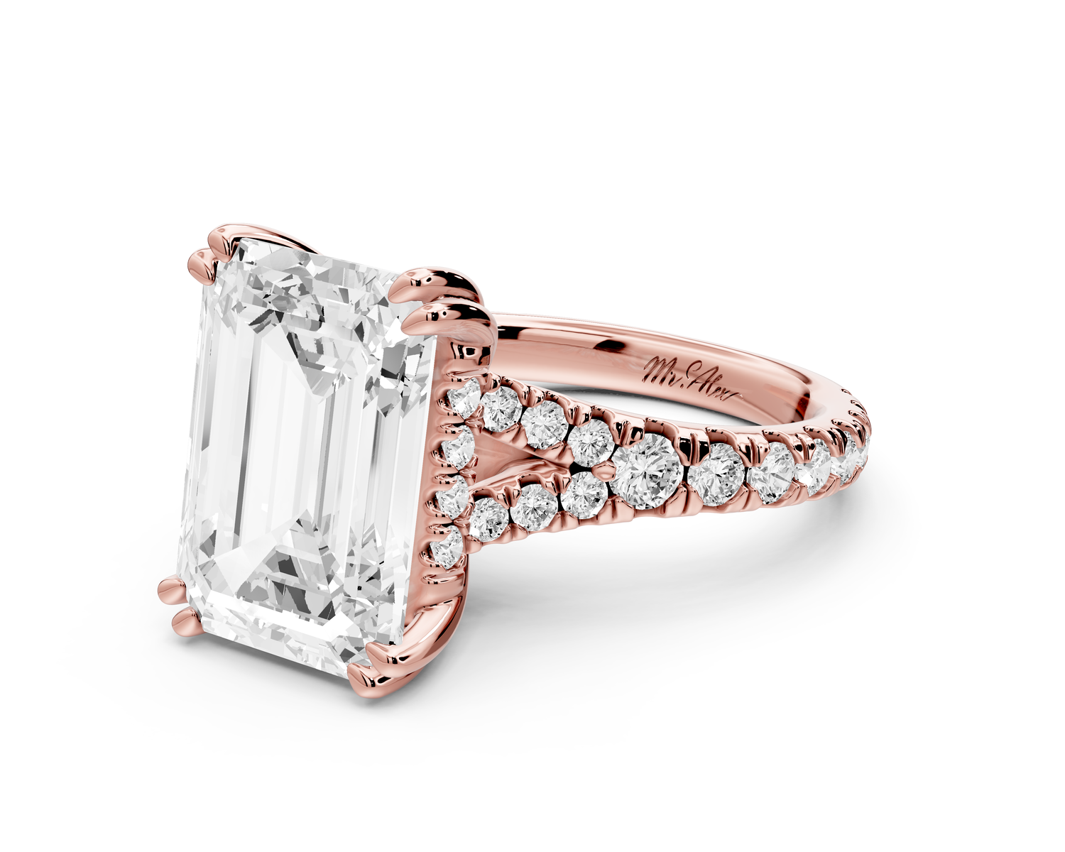 Rosalie - 5ct 14k rose gold emerald Pavé Cathedral Hidden Halo with Diamond Bridge split shank Engagement Ring