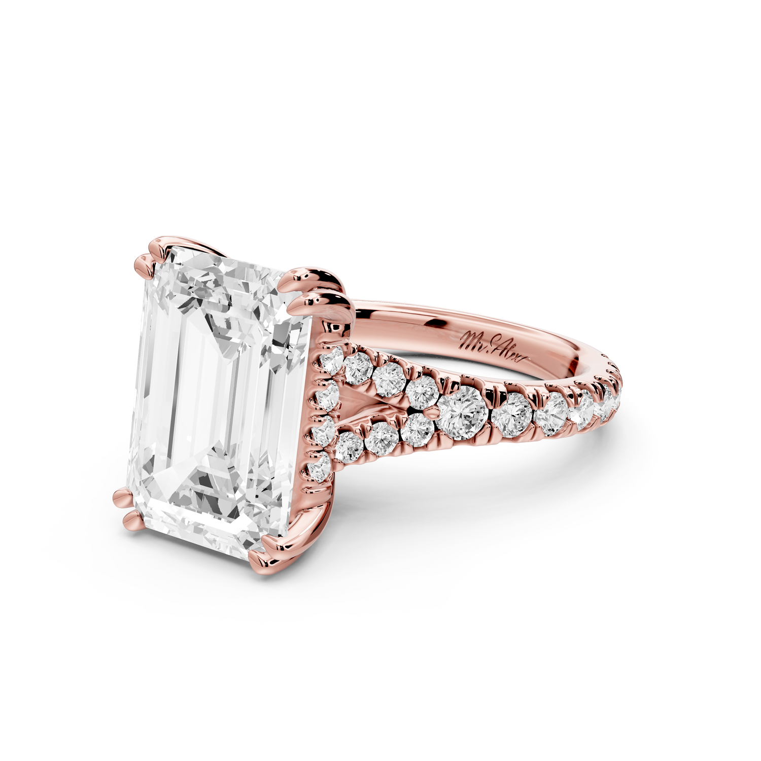 Rosalie - 5ct 14k rose gold emerald Pavé Cathedral Hidden Halo with Diamond Bridge split shank Engagement Ring
