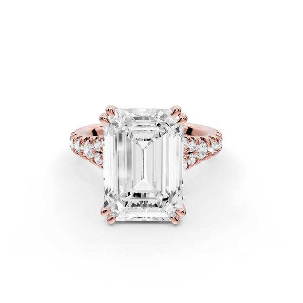 Rosalie - 5ct 14k rose gold emerald Pavé Cathedral Hidden Halo with Diamond Bridge split shank Engagement Ring