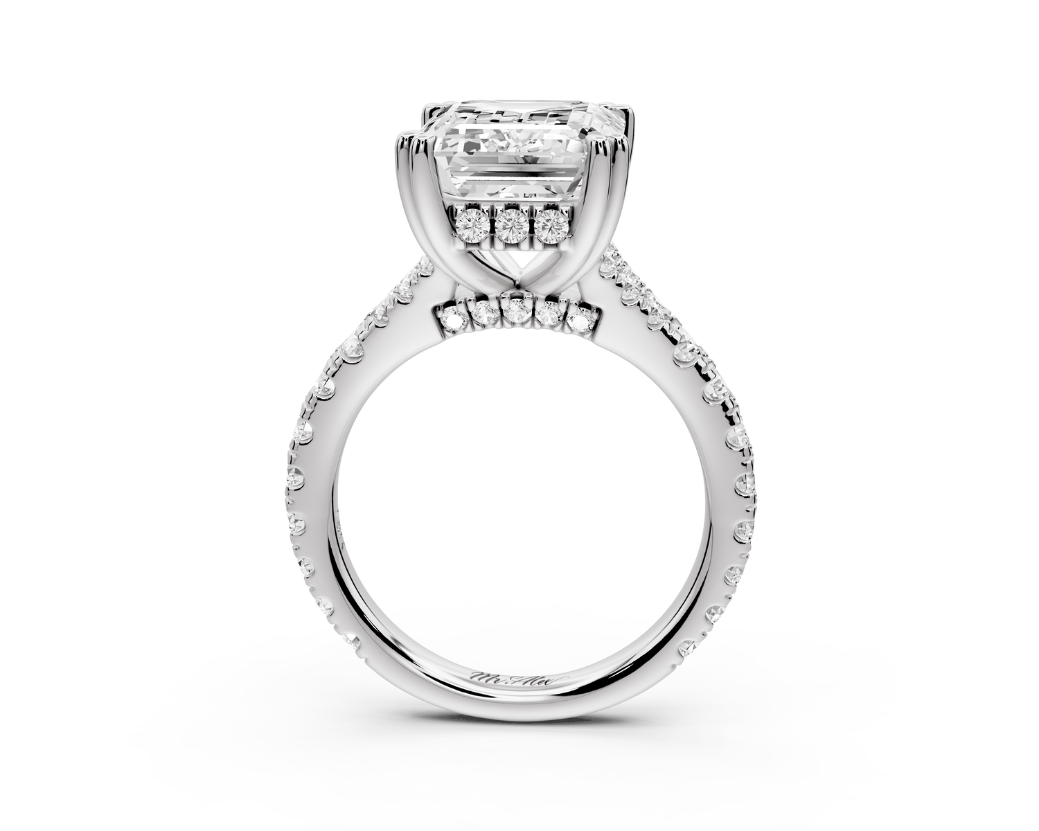 Rosalie - 5ct 14k white gold emerald Pavé Cathedral Hidden Halo with Diamond Bridge split shank Engagement Ring