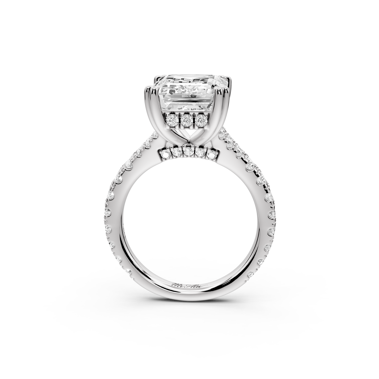 Rosalie - 5ct 14k white gold emerald Pavé Cathedral Hidden Halo with Diamond Bridge split shank Engagement Ring