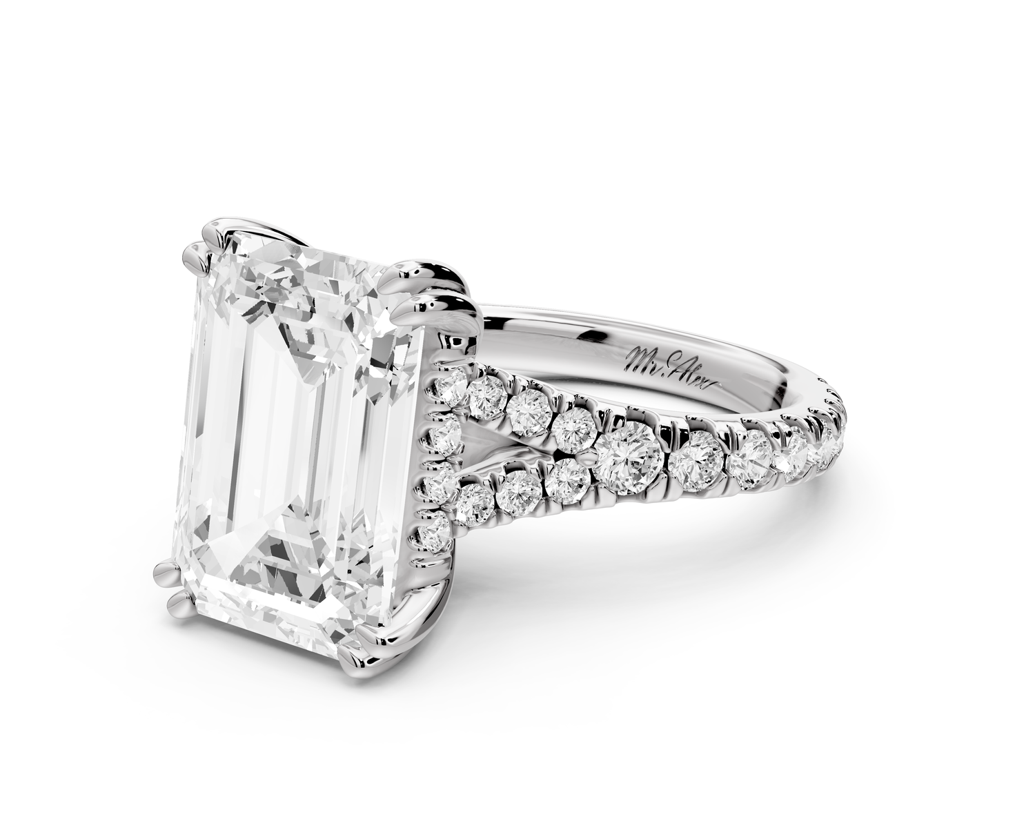 Rosalie - 5ct 14k white gold emerald Pavé Cathedral Hidden Halo with Diamond Bridge split shank Engagement Ring