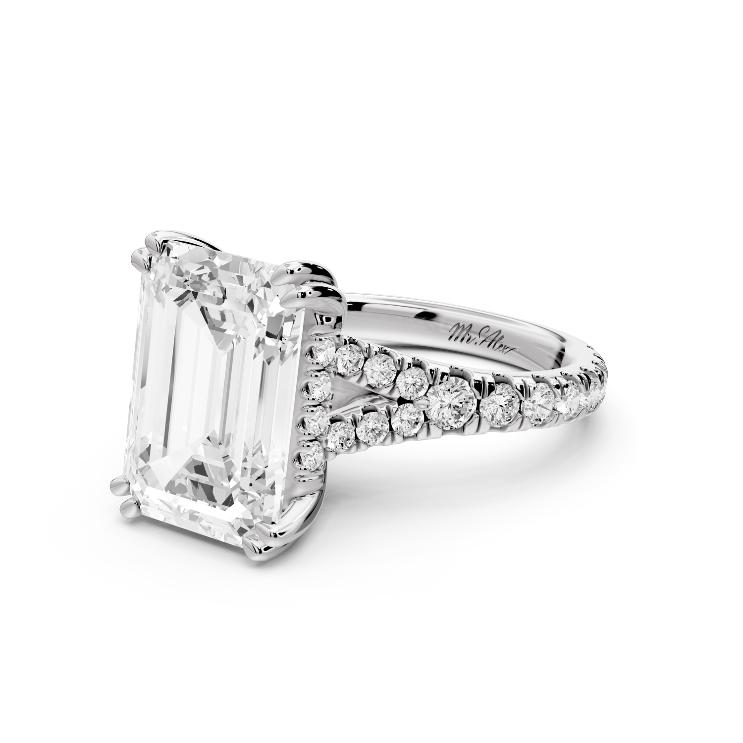 Rosalie - 5ct 14k white gold emerald Pavé Cathedral Hidden Halo with Diamond Bridge split shank Engagement Ring