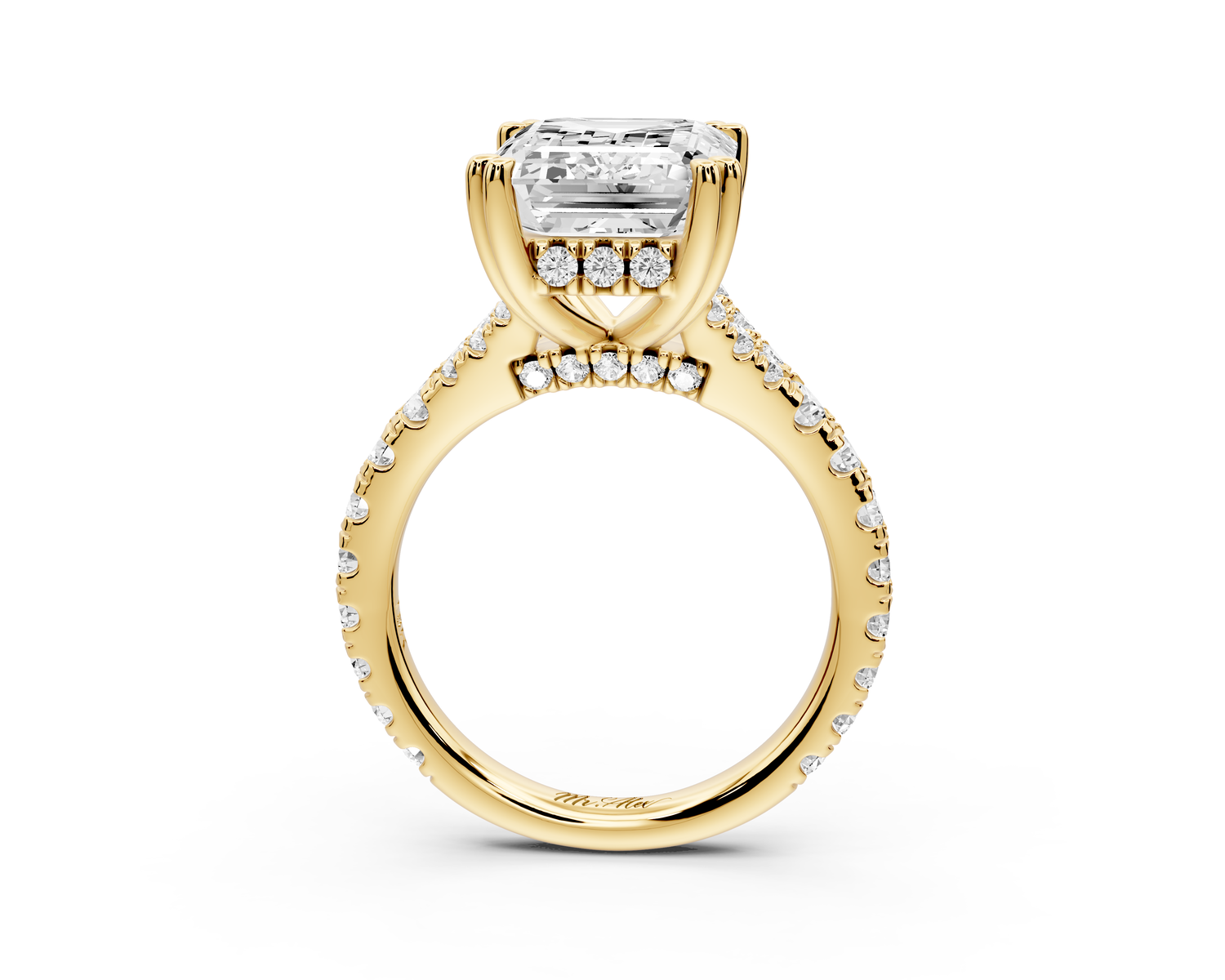 Rosalie - 5ct 14k yellow gold emerald Pavé Cathedral Hidden Halo with Diamond Bridge split shank Engagement Ring