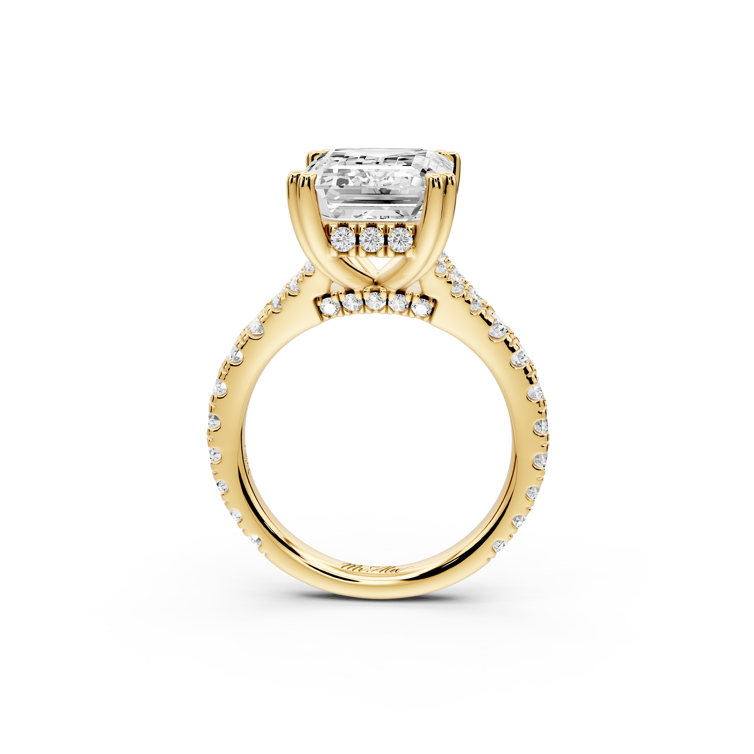 Rosalie - 5ct 14k yellow gold emerald Pavé Cathedral Hidden Halo with Diamond Bridge split shank Engagement Ring