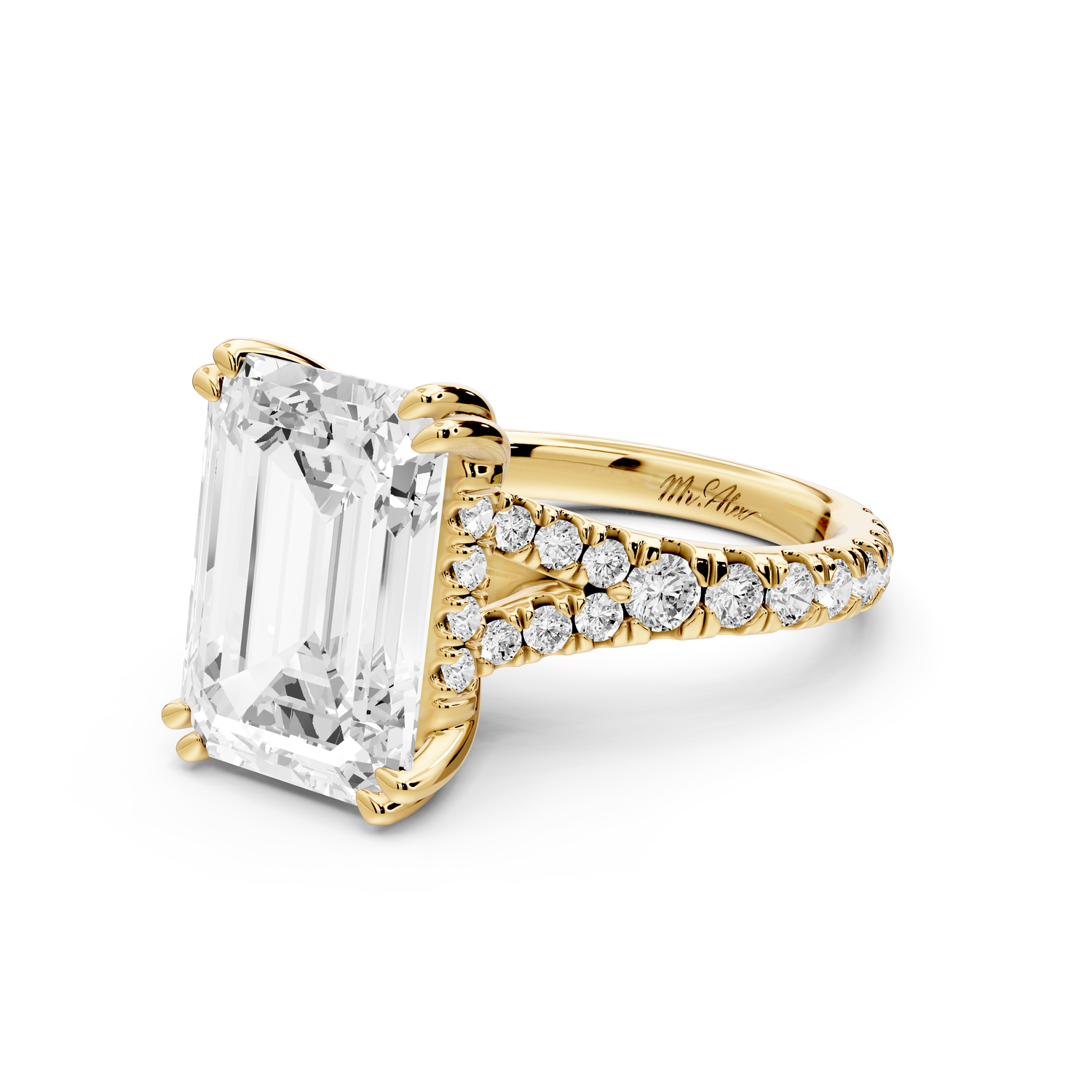 Rosalie - 5ct 14k yellow gold emerald Pavé Cathedral Hidden Halo with Diamond Bridge split shank Engagement Ring